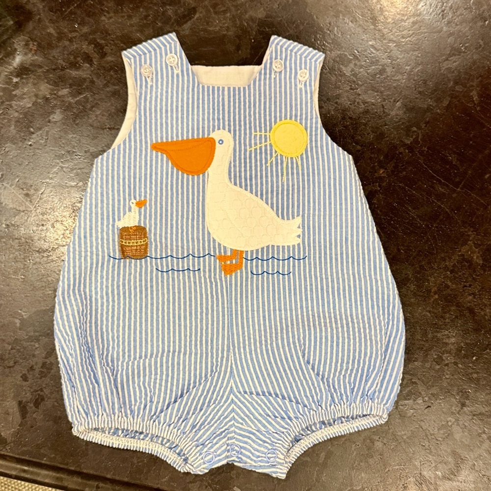 Bailey Boys Blue Striped Kids One Piece Bubble Romper Onesie with Pelican Design
